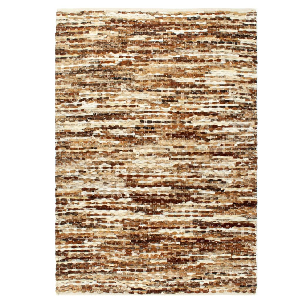 Covor tesut manual, vidaXL, Piele, 80 x 150 cm, 10 mm, Maro/Alb